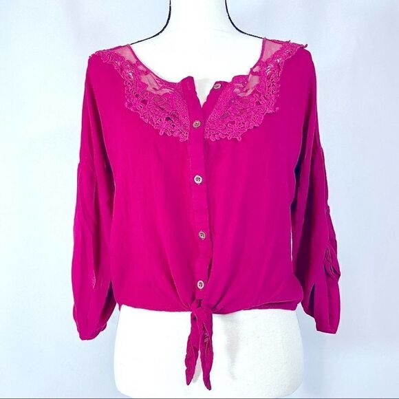 Charlotte Russe Lace Tie Front Blouse Pink - Picture 1 of 13